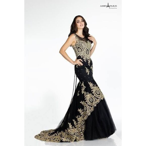 Abby Paris Tulle w/Embroidery Formal Gown Dress Black & Gold Size 4 - Picture 2 of 11